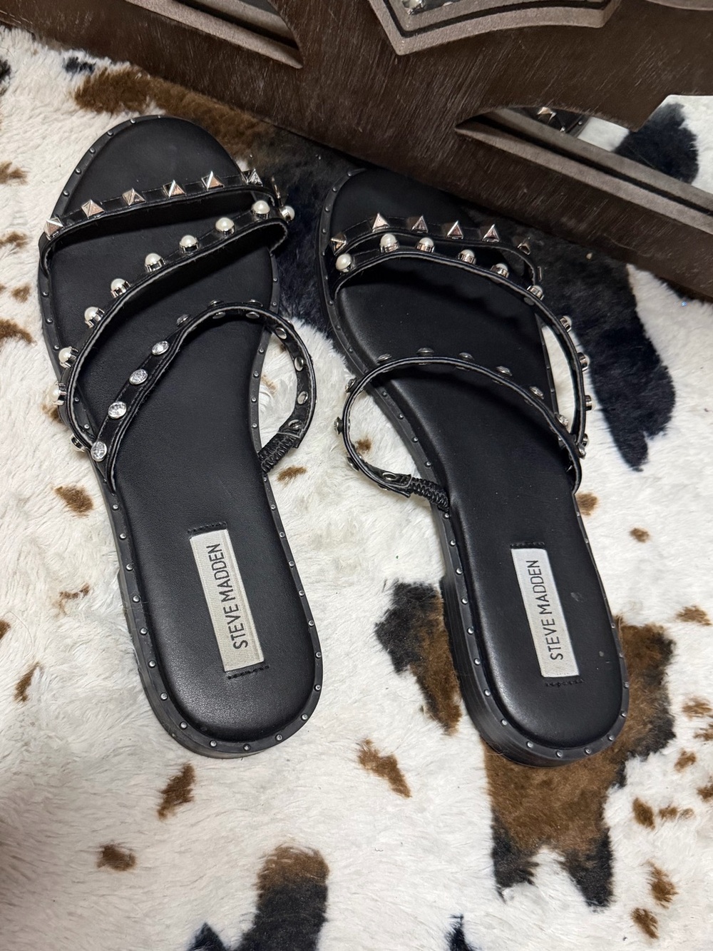 Steve Madden Black Studded Strappy Slide Sandals